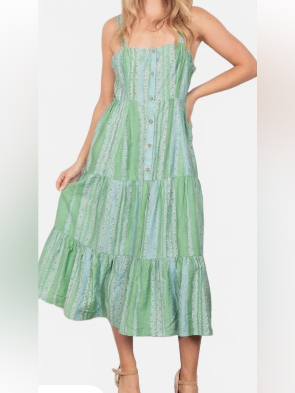 Very J Beach Vibe boho Dress. Green & Light Blue Tiered Button-Front Maxi Dress